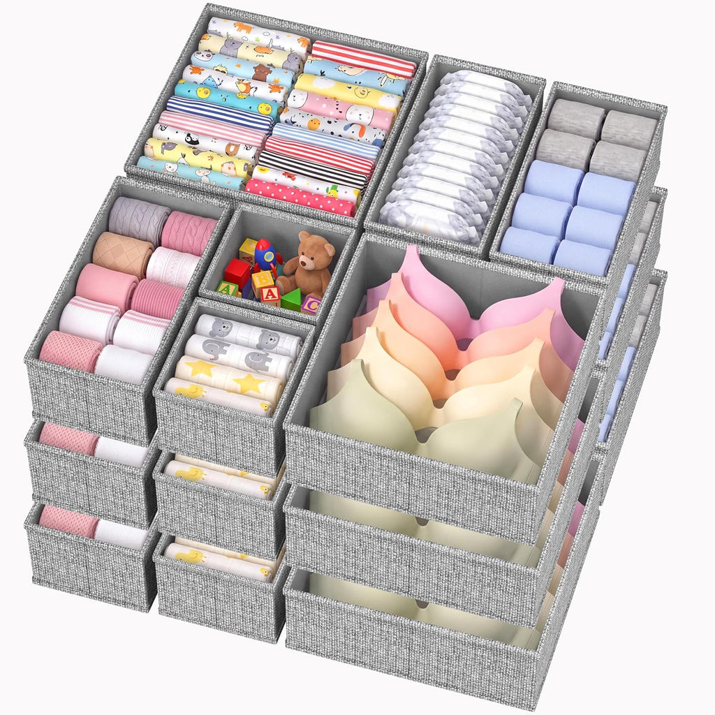 Drawer Organizer Bins Clothes for Underwear,Socks,Ties,20 Pack,Grey Foldable Closet Organizers and Storage,Fabric Drawers Dividers,Washable 3 Sizes for Dresser,Bedroom,Desk,Nursery