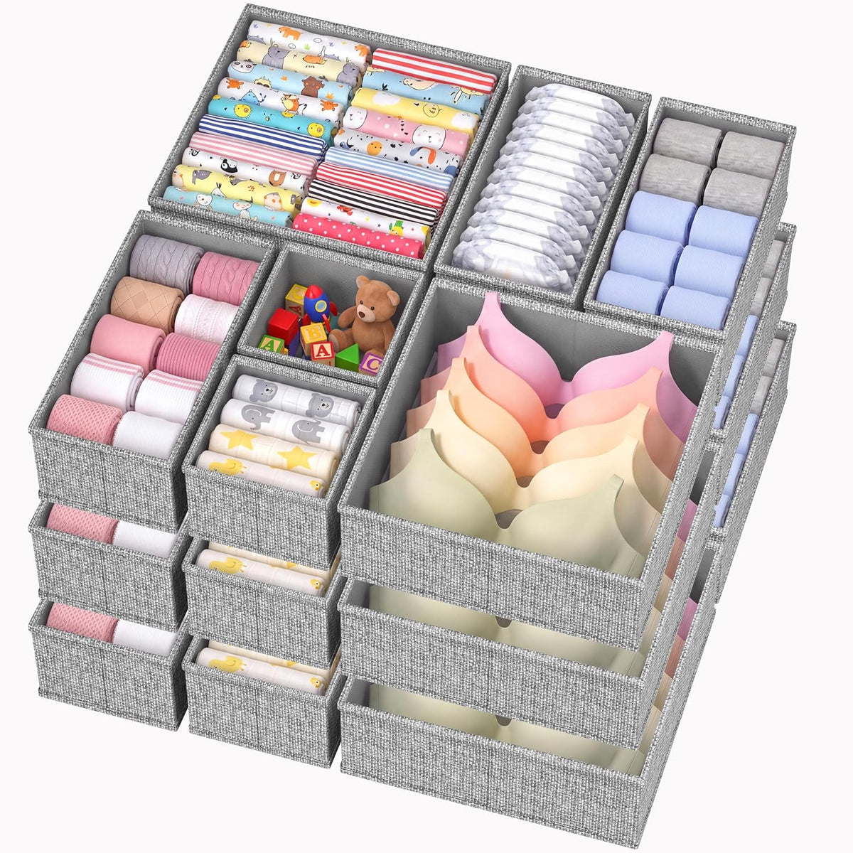 Drawer Organizer Bins Clothes for Underwear,Socks,Ties,20 Pack,Grey Foldable Closet Organizers and Storage,Fabric Drawers Dividers,Washable 3 Sizes for Dresser,Bedroom,Desk,Nursery