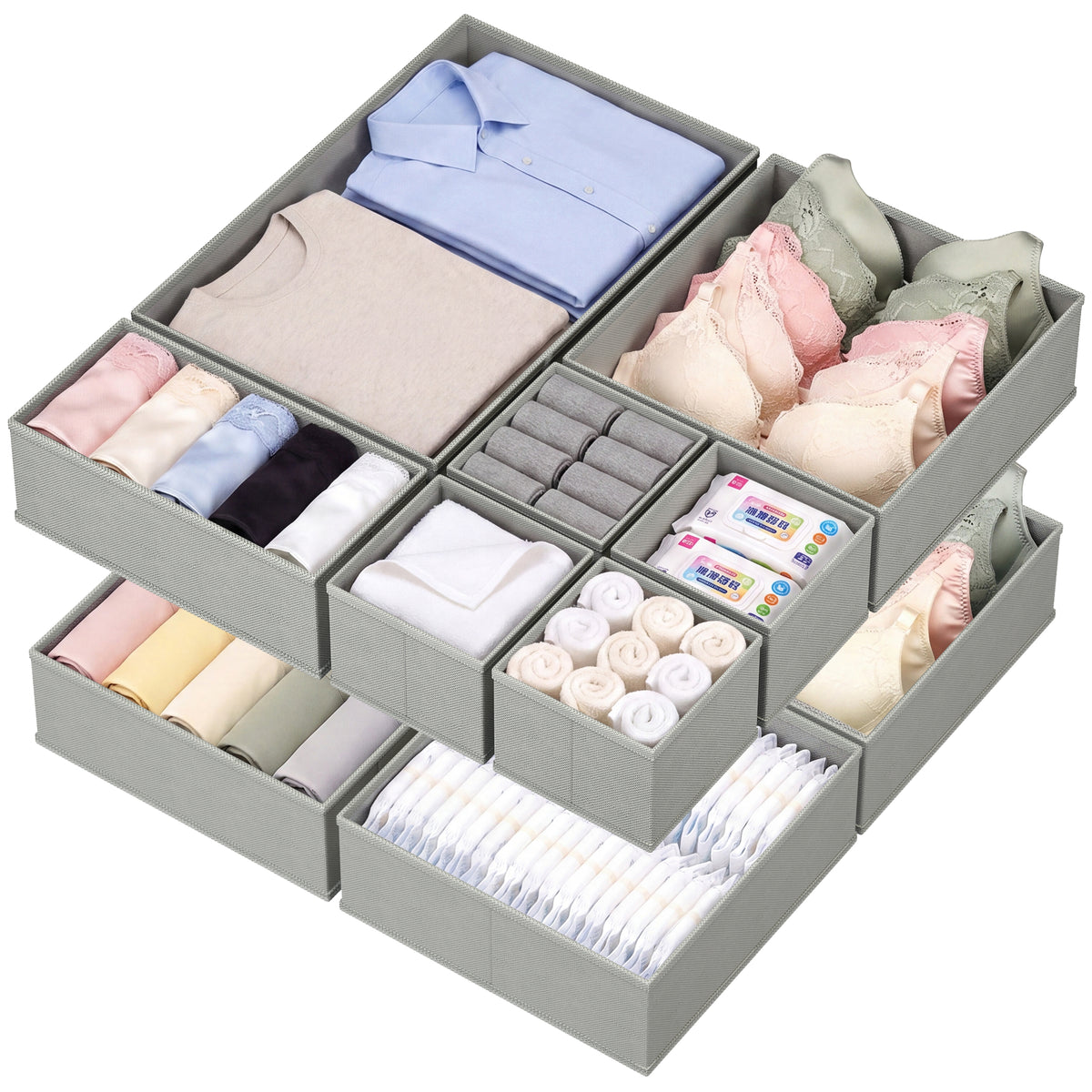 Drawer Organizer for Clothes, Nursery Drawer Divider, 10 Pack, Grey