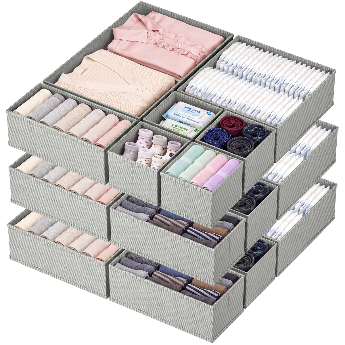 Drawer Organizer for Clothes, Underwear, Socks, 18 Pack, Grey