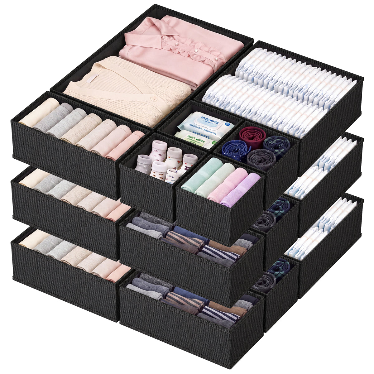 Drawer Organizer for Clothes, Nursery Drawer Divider, 18 Pack, Black