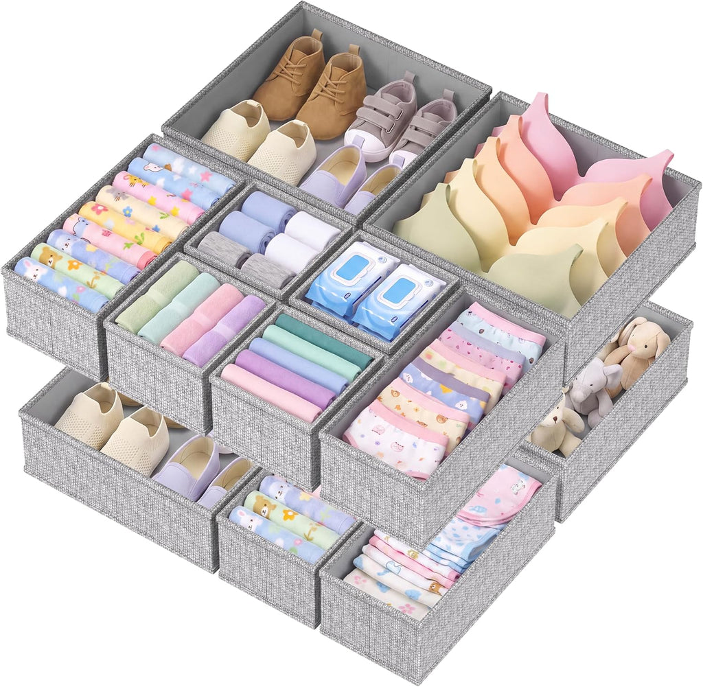 Drawer Organizer Bins Clothes for Underwear,Socks,Ties,12 Pack,Grey Foldable Closet Organizers and Storage,Fabric Drawers Dividers,Washable 3 Sizes for Dresser,Bedroom,Desk,Nursery