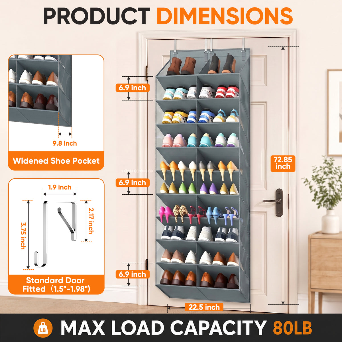 Over the Door Shoe Organizer, 20-30 Pairs Shoe Storage, 10-Tier, Grey