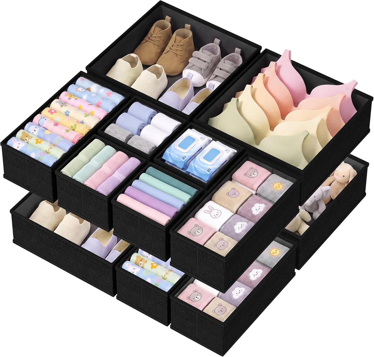 Drawer Organizer Bins Clothes for Underwear,Socks,Ties,12 Pack,Black Foldable Closet Organizers and Storage,Fabric Drawers Dividers,Washable 3 Sizes for Dresser,Bedroom,Desk,Nursery