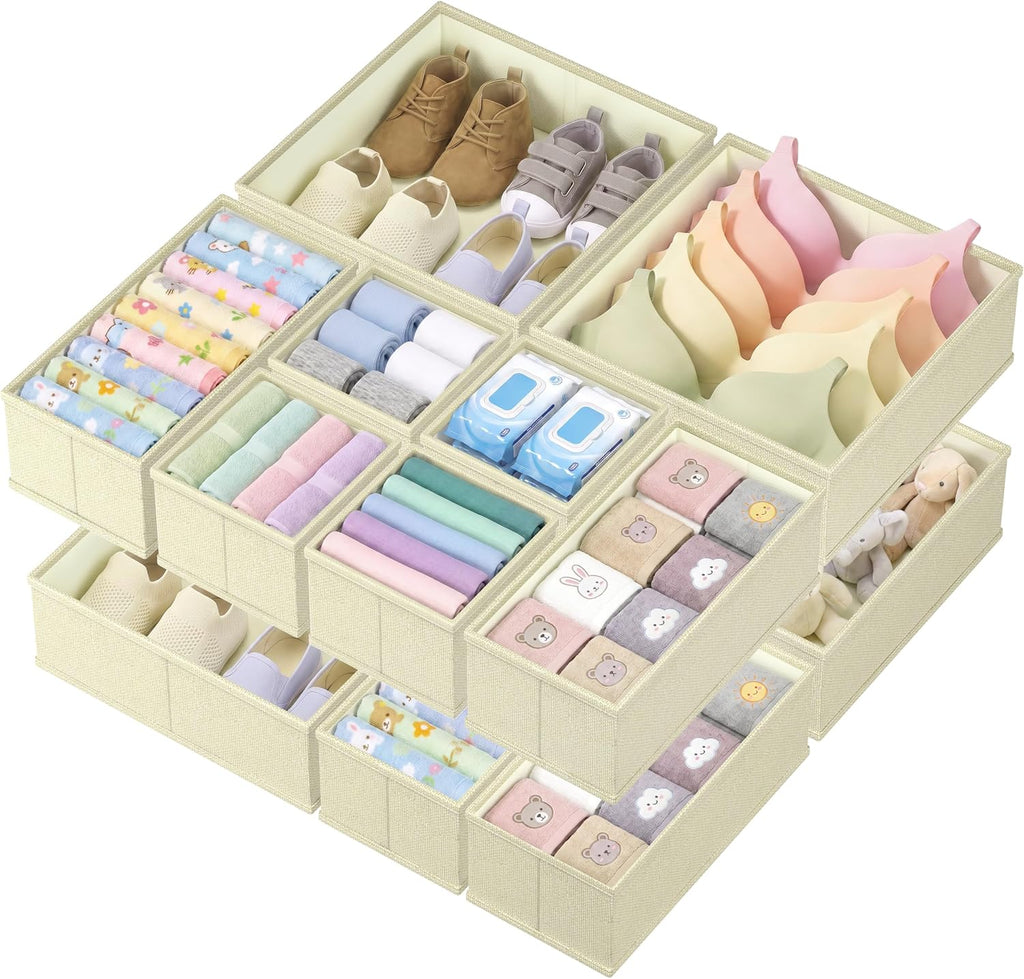 Drawer Organizer Bins Clothes for Underwear,Socks,Ties,12 Pack,Beige Foldable Closet Organizers and Storage,Fabric Drawers Dividers,Washable 3 Sizes for Dresser,Bedroom,Desk,Nursery