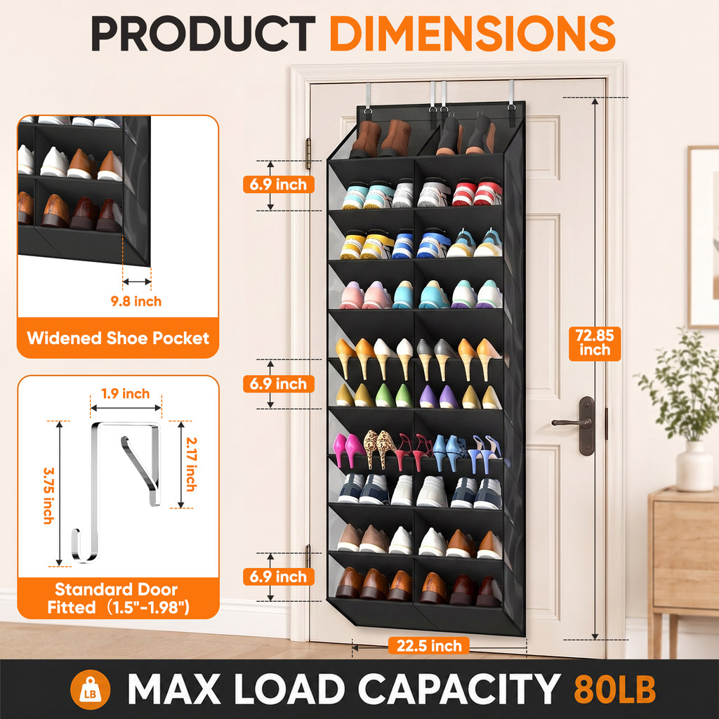 Over the Door Shoe Organizer, 20-30 Pairs Shoe Storage, 10-Tier, Black