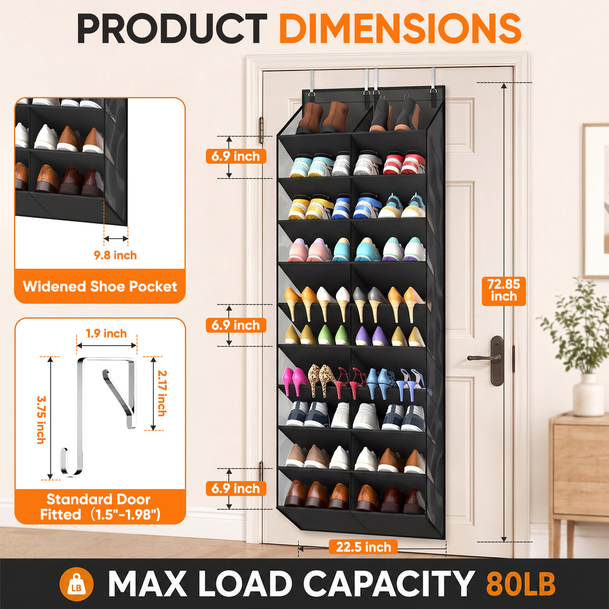 Over the Door Shoe Organizer, 20-30 Pairs Shoe Storage, 10-Tier, Black