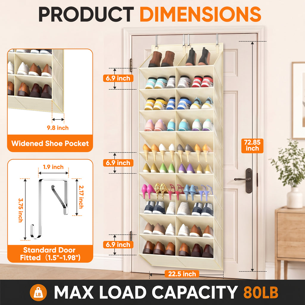 Over the Door Shoe Organizer, 20-30 Pairs Shoe Storage, 10-Tier, Beige