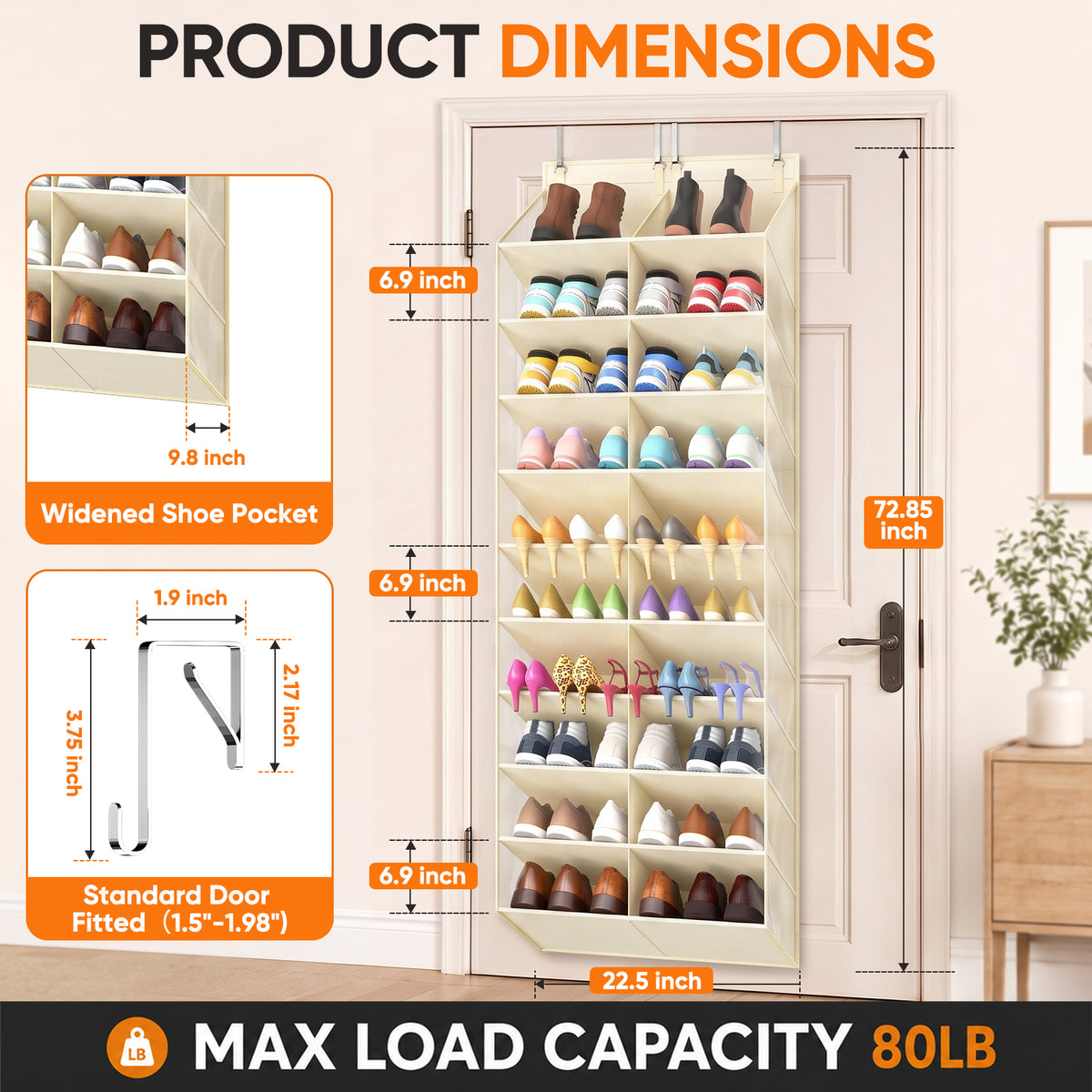 Over the Door Shoe Organizer, 20-30 Pairs Shoe Storage, 10-Tier, Beige