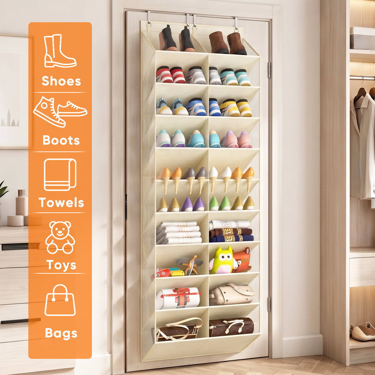Over the Door Shoe Organizer, 20-30 Pairs Shoe Storage, 10-Tier, Beige