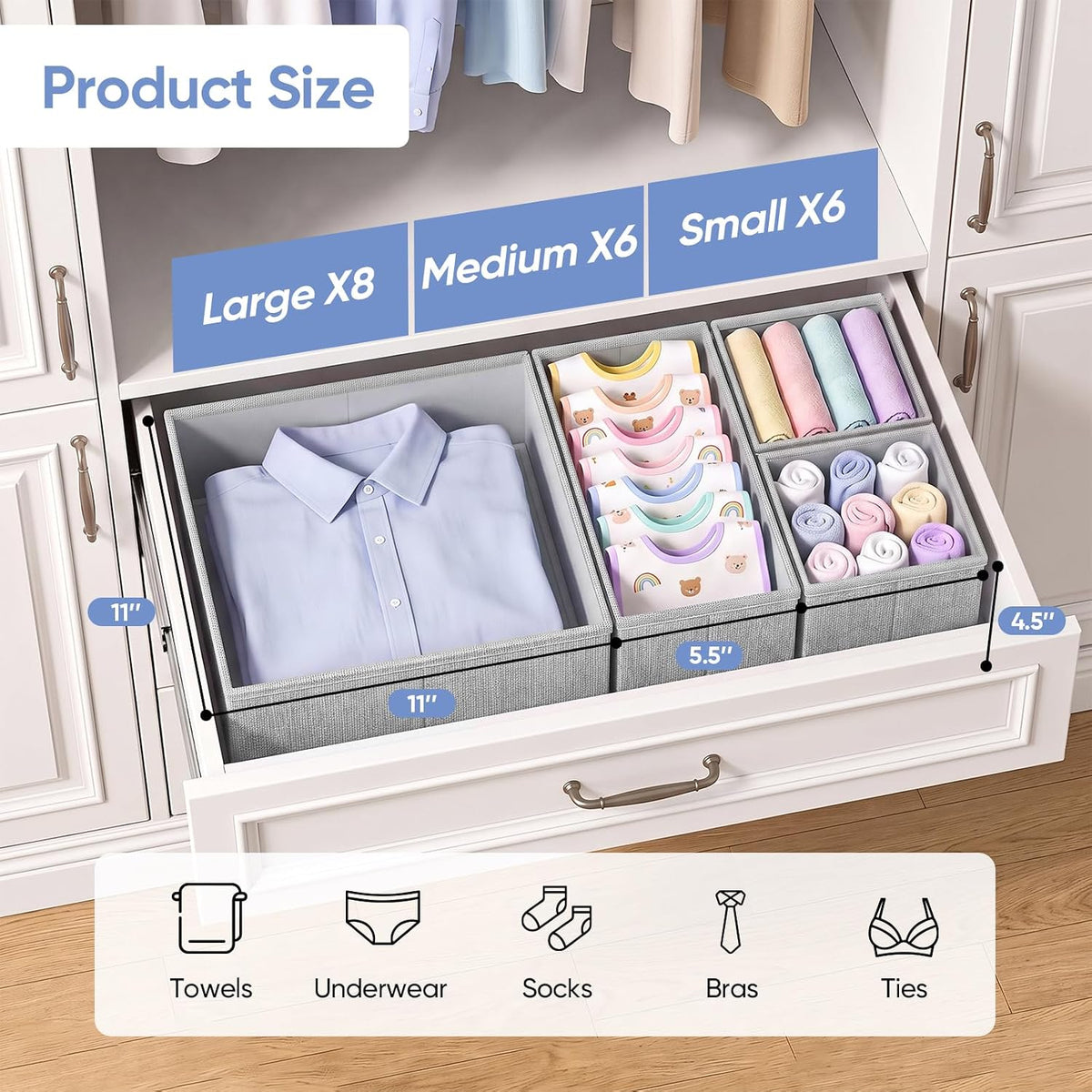 Drawer Organizer Bins Clothes for Underwear,Socks,Ties,20 Pack,Grey Foldable Closet Organizers and Storage,Fabric Drawers Dividers,Washable 3 Sizes for Dresser,Bedroom,Desk,Nursery