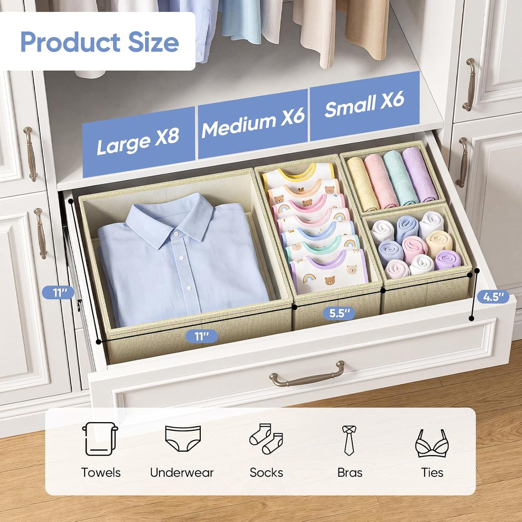 Drawer Organizer Bins Clothes for Underwear,Socks,Ties,20 Pack,Beige Foldable Closet Organizers and Storage,Fabric Drawers Dividers,Washable 3 Sizes for Dresser,Bedroom,Desk,Nursery