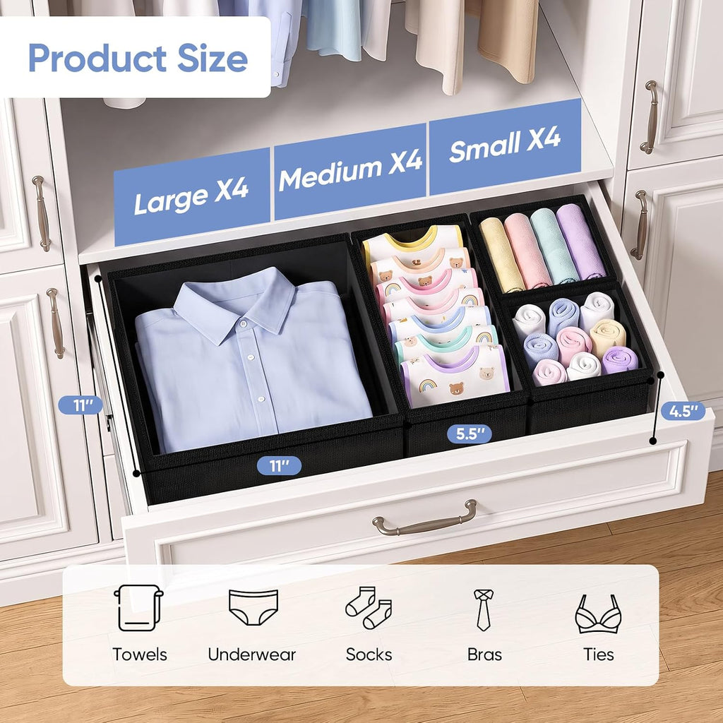 Drawer Organizer Bins Clothes for Underwear,Socks,Ties,12 Pack,Black Foldable Closet Organizers and Storage,Fabric Drawers Dividers,Washable 3 Sizes for Dresser,Bedroom,Desk,Nursery