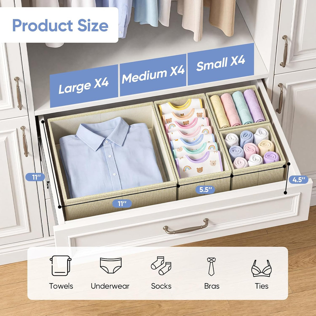 Drawer Organizer Bins Clothes for Underwear,Socks,Ties,12 Pack,Beige Foldable Closet Organizers and Storage,Fabric Drawers Dividers,Washable 3 Sizes for Dresser,Bedroom,Desk,Nursery