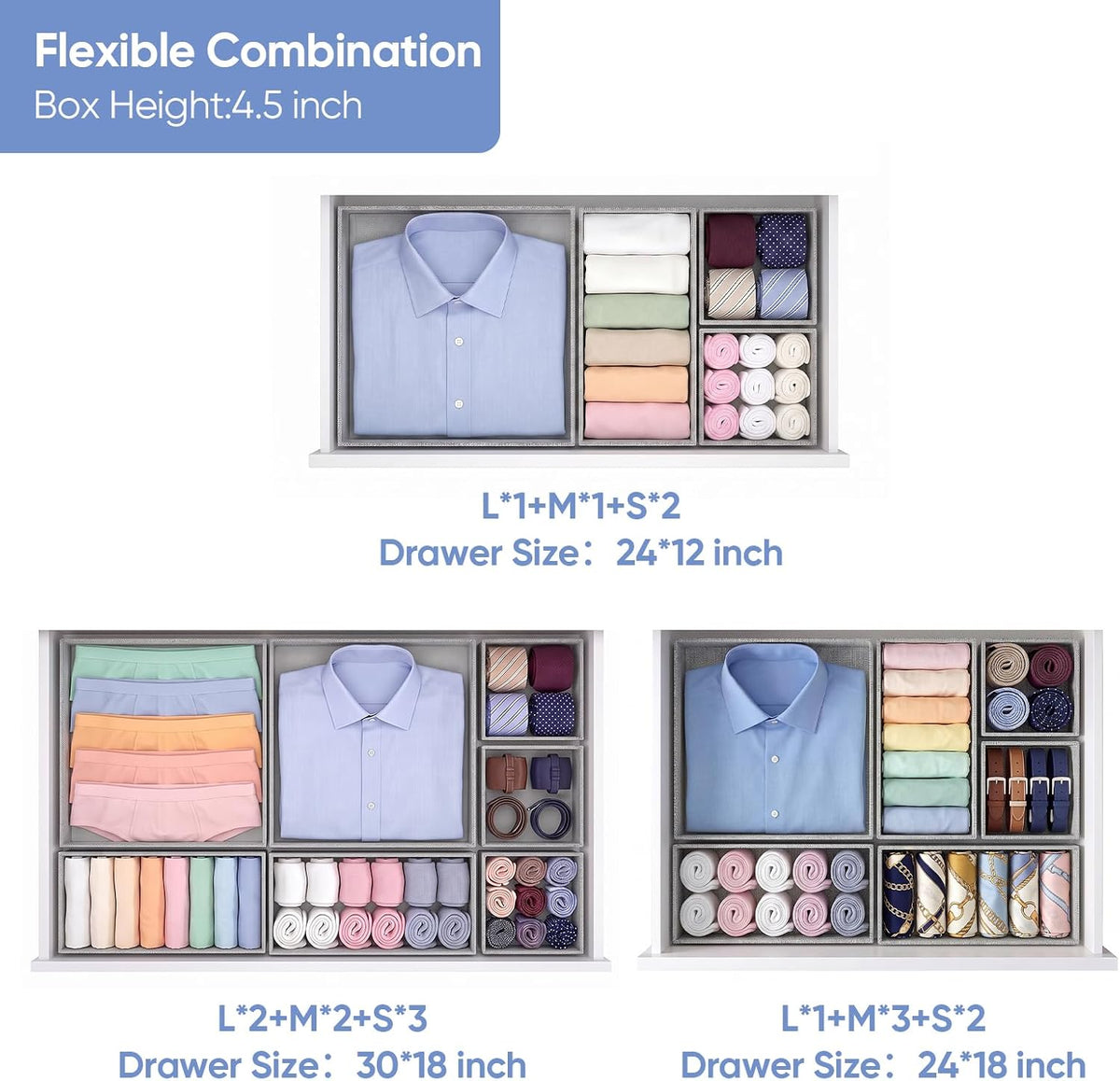 Drawer Organizer Bins Clothes for Underwear,Socks,Ties,12 Pack,Grey Foldable Closet Organizers and Storage,Fabric Drawers Dividers,Washable 3 Sizes for Dresser,Bedroom,Desk,Nursery