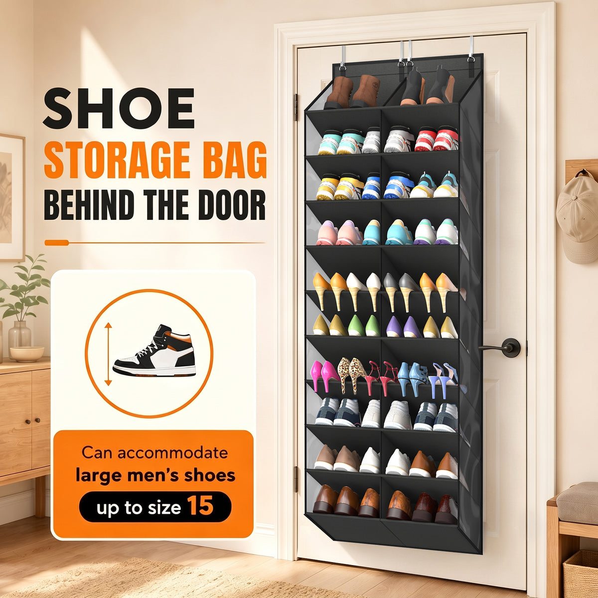 Over the Door Shoe Organizer, 20-30 Pairs Shoe Storage, 10-Tier, Black