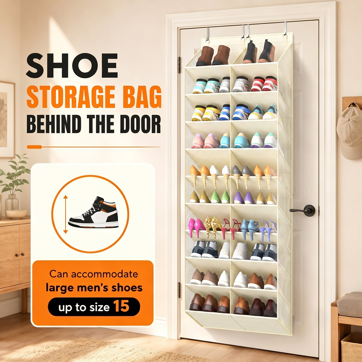 Over the Door Shoe Organizer, 20-30 Pairs Shoe Storage, 10-Tier, Beige