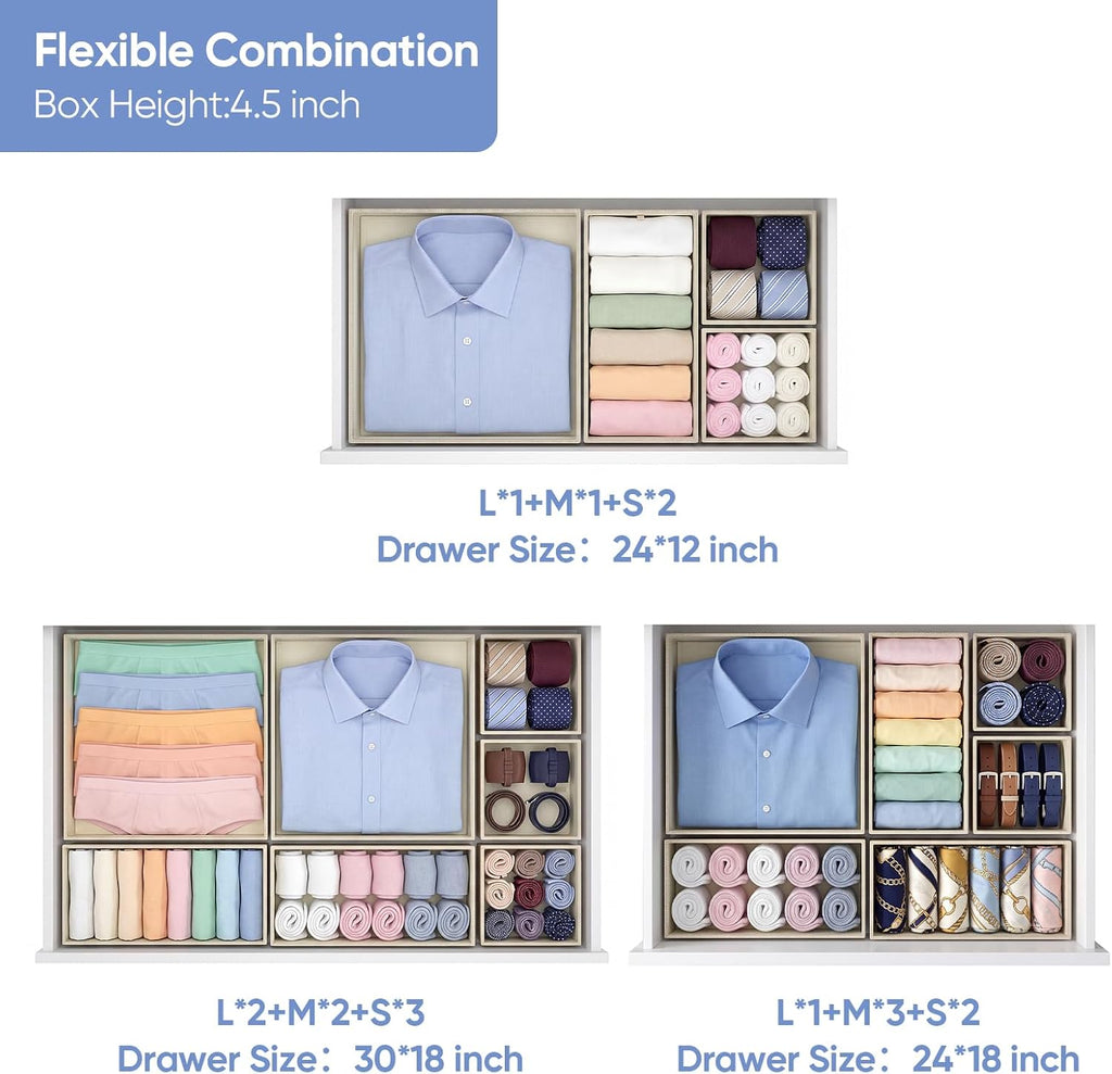 Drawer Organizer Bins Clothes for Underwear,Socks,Ties,12 Pack,Beige Foldable Closet Organizers and Storage,Fabric Drawers Dividers,Washable 3 Sizes for Dresser,Bedroom,Desk,Nursery