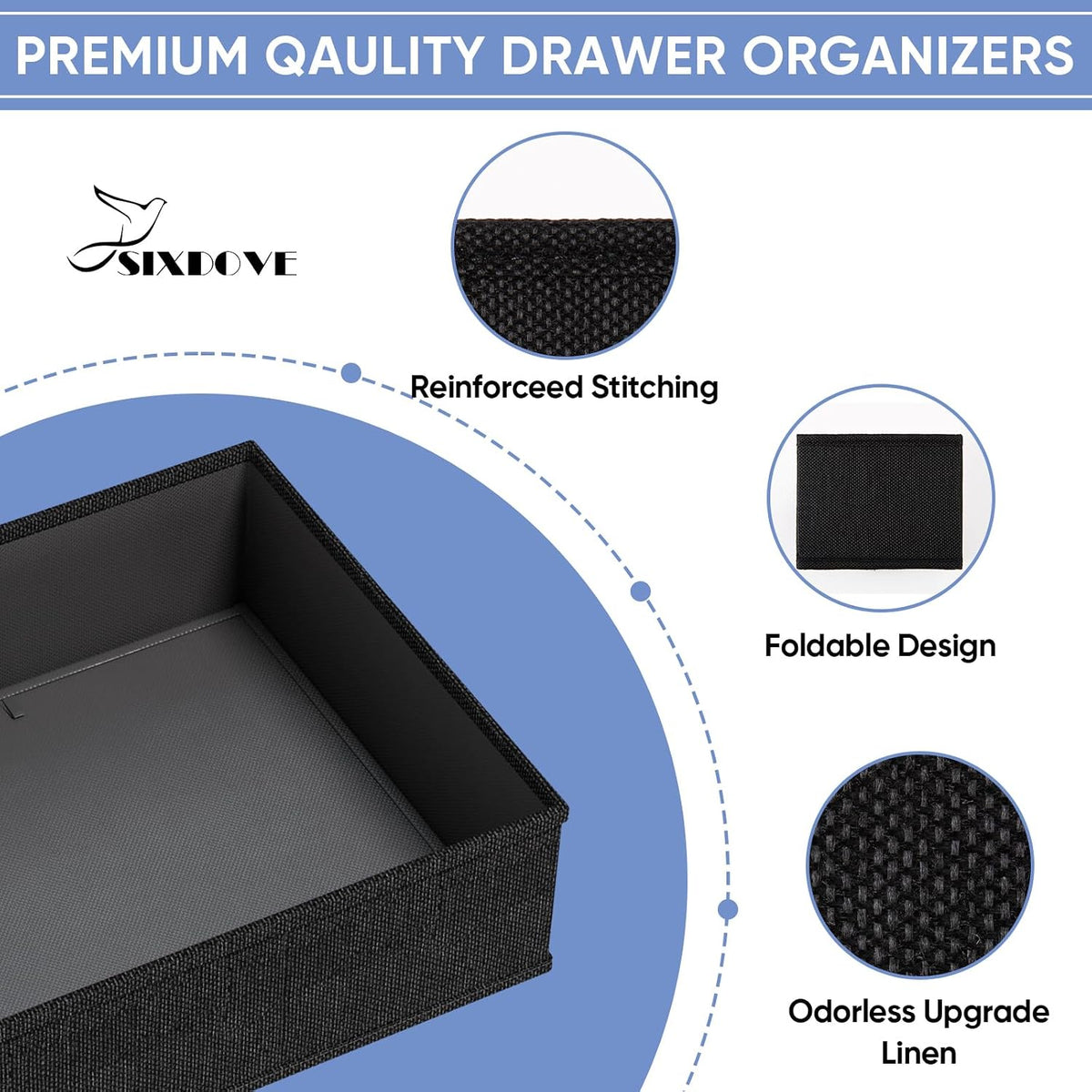 Drawer Organizer Bins Clothes for Underwear,Socks,Ties,12 Pack,Black Foldable Closet Organizers and Storage,Fabric Drawers Dividers,Washable 3 Sizes for Dresser,Bedroom,Desk,Nursery