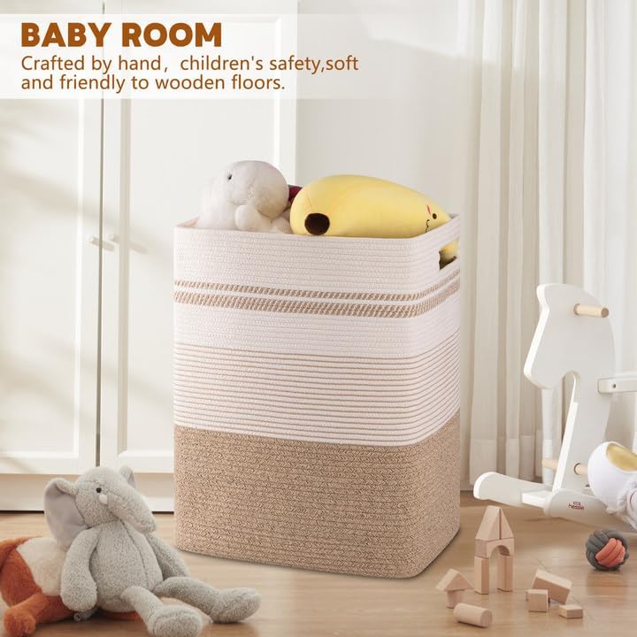 80L Large Cotton Rope Laundry Basket for Bedroom & Laundry Room, Tall Clothes Hamper with Sturdy Handles, Neutral Storage Bin Capable of Holding Blankets and Toys