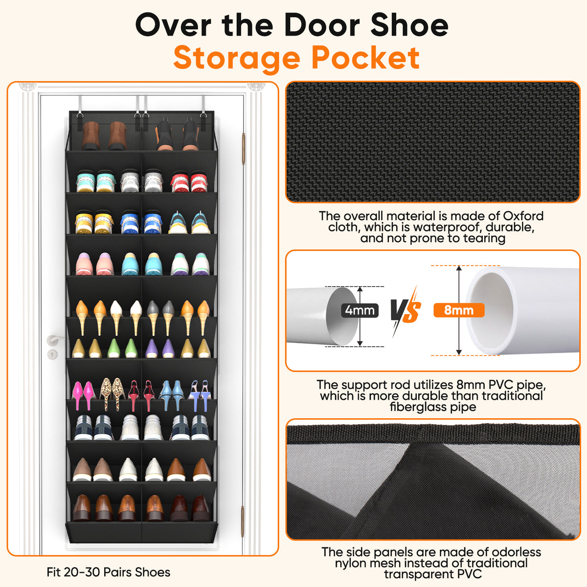 Over the Door Shoe Organizer, 20-30 Pairs Shoe Storage, 10-Tier, Black