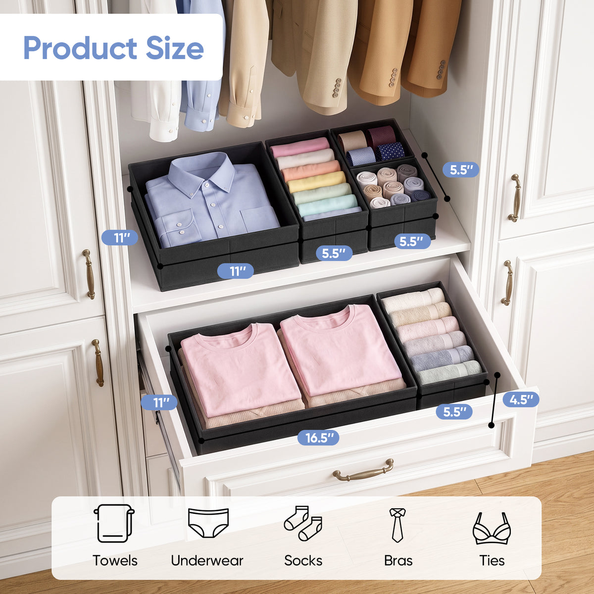 Drawer Organizer for Clothes, Nursery Drawer Divider, 18 Pack, Black