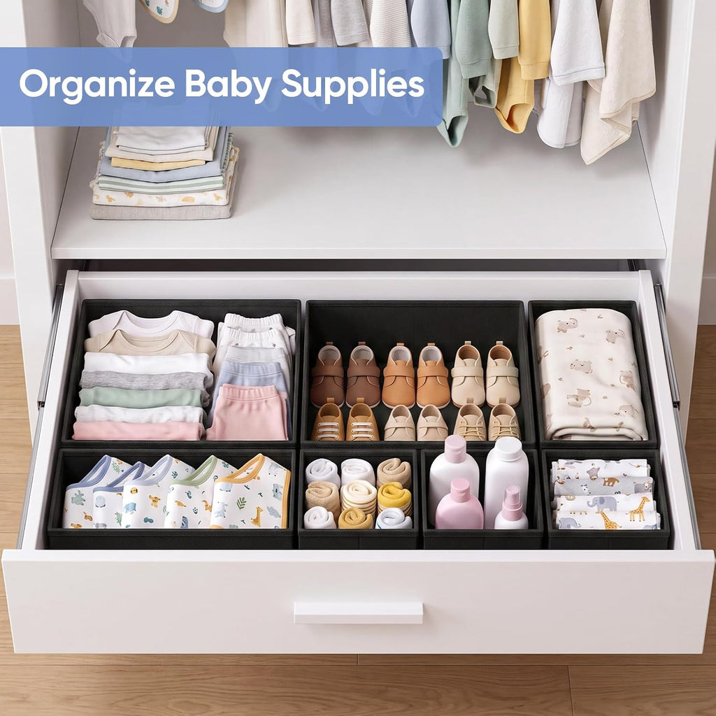 Drawer Organizer Bins Clothes for Underwear,Socks,Ties,12 Pack,Black Foldable Closet Organizers and Storage,Fabric Drawers Dividers,Washable 3 Sizes for Dresser,Bedroom,Desk,Nursery
