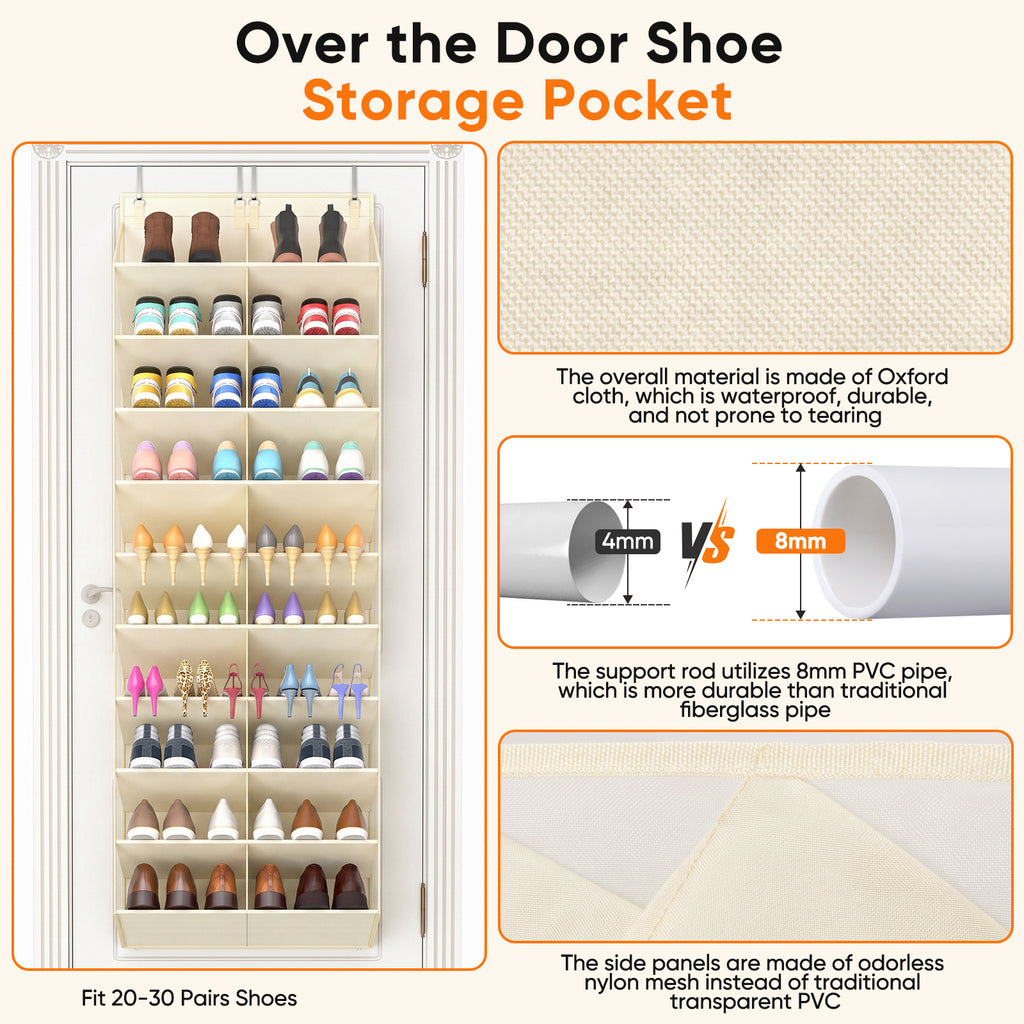 Over the Door Shoe Organizer, 20-30 Pairs Shoe Storage, 10-Tier, Beige