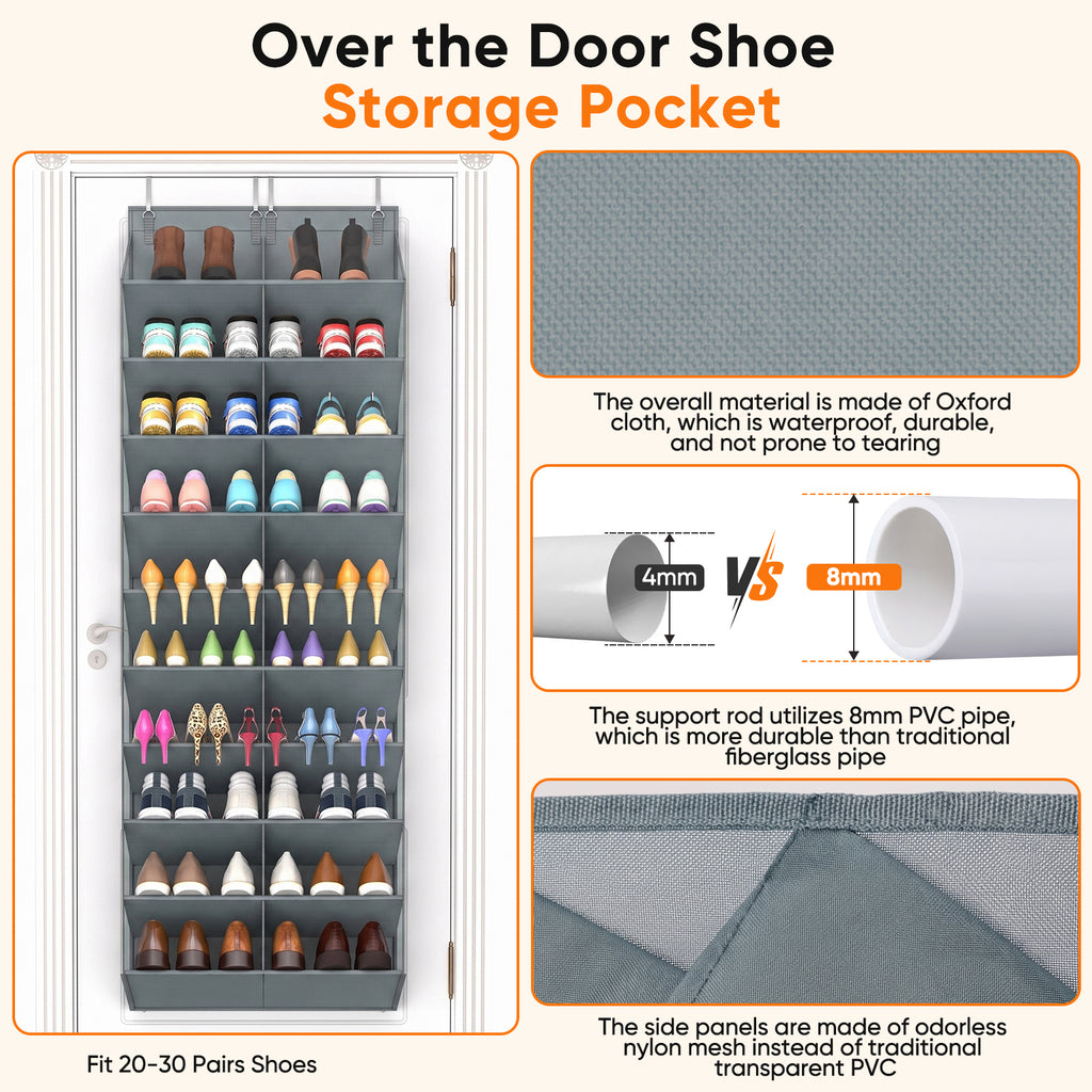 Over the Door Shoe Organizer, 20-30 Pairs Shoe Storage, 10-Tier, Grey