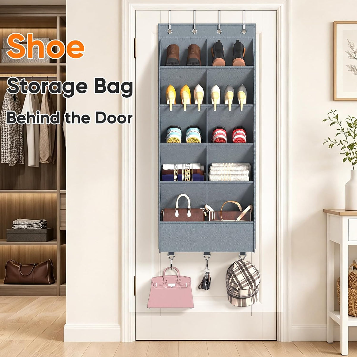 5 Tier Over the Door Shoe Organizer with 3 Bottom Hooks, Grey | Heavy Duty Oxford Fabric Hanging Shoe Rack for Closet Door Hanging Organizer with 9 Pockets Sneaker Boot Slipper Storage