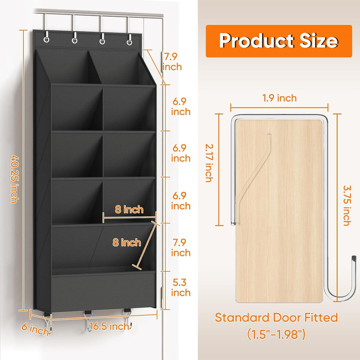 5 Tier Over the Door Shoe Organizer with 3 Bottom Hooks, Black | Heavy Duty Oxford Fabric Hanging Shoe Rack for Closet Door Hanging Organizer with 9 Pockets Sneaker Boot Slipper Storage