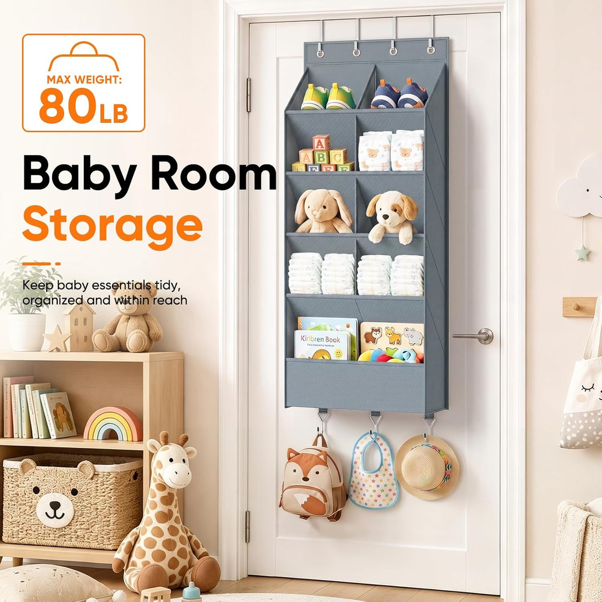 5 Tier Over the Door Shoe Organizer with 3 Bottom Hooks, Grey | Heavy Duty Oxford Fabric Hanging Shoe Rack for Closet Door Hanging Organizer with 9 Pockets Sneaker Boot Slipper Storage