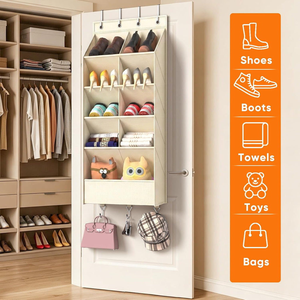 5 Tier Over the Door Shoe Organizer, Beige | 3 Bottom Hooks