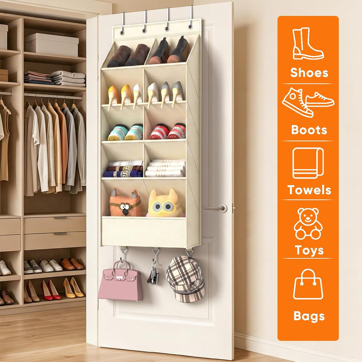5 Tier Over the Door Shoe Organizer, Beige | 3 Bottom Hooks