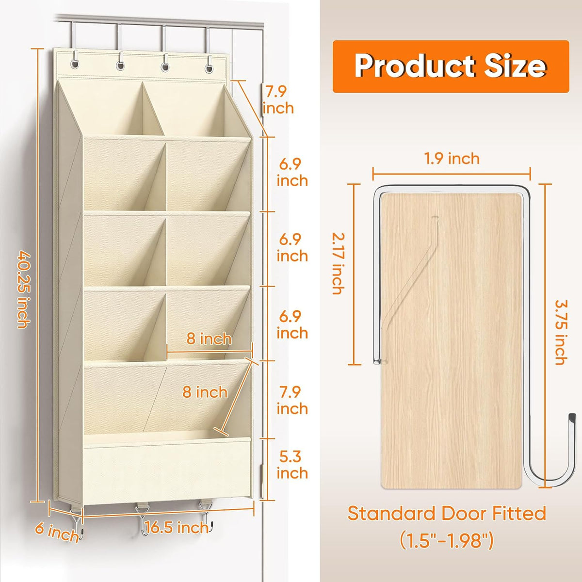 5 Tier Over the Door Shoe Organizer, Beige | 3 Bottom Hooks