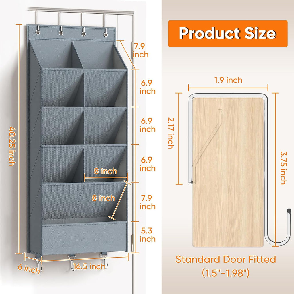 5 Tier Over the Door Shoe Organizer with 3 Bottom Hooks, Grey | Heavy Duty Oxford Fabric Hanging Shoe Rack for Closet Door Hanging Organizer with 9 Pockets Sneaker Boot Slipper Storage