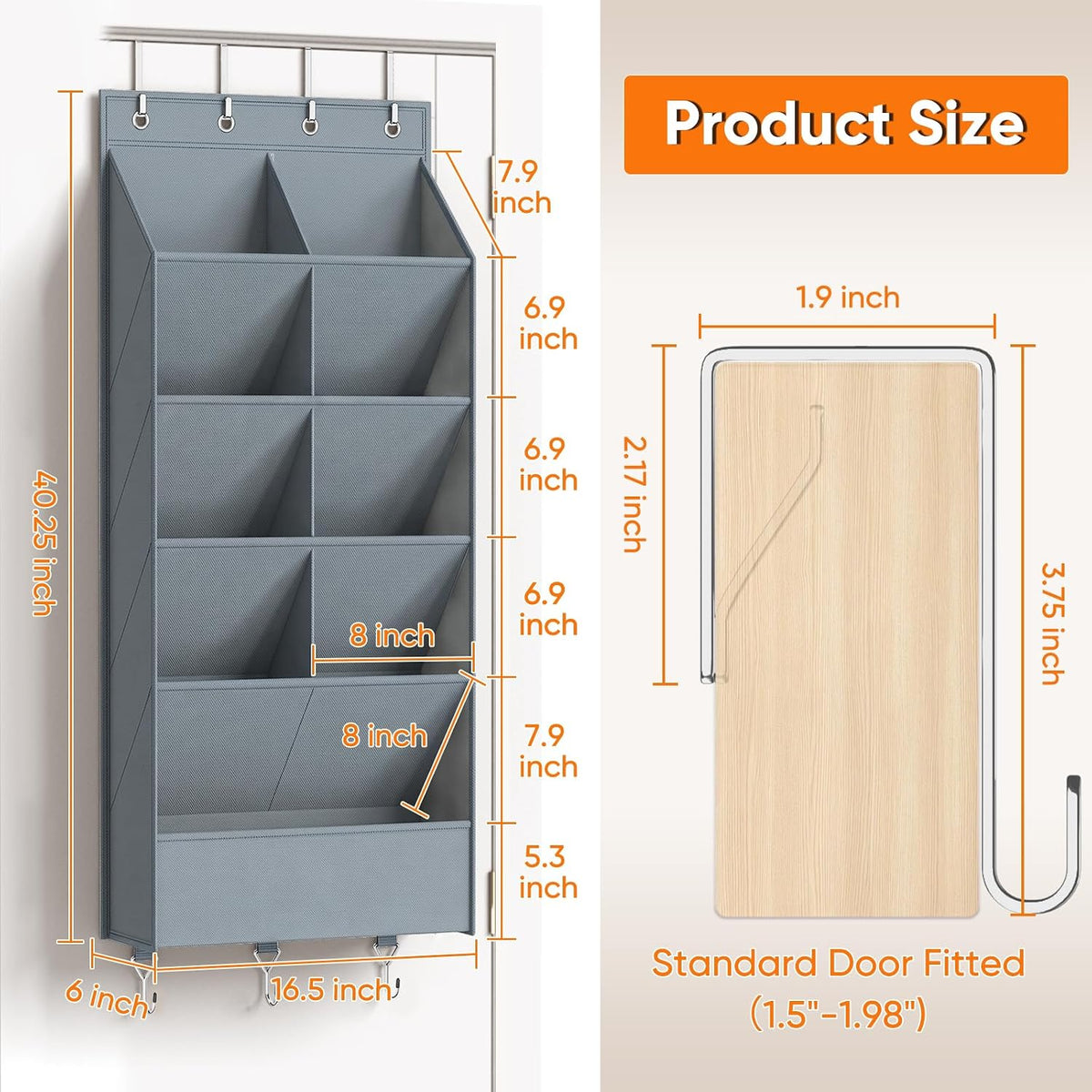 5 Tier Over the Door Shoe Organizer with 3 Bottom Hooks, Grey | Heavy Duty Oxford Fabric Hanging Shoe Rack for Closet Door Hanging Organizer with 9 Pockets Sneaker Boot Slipper Storage