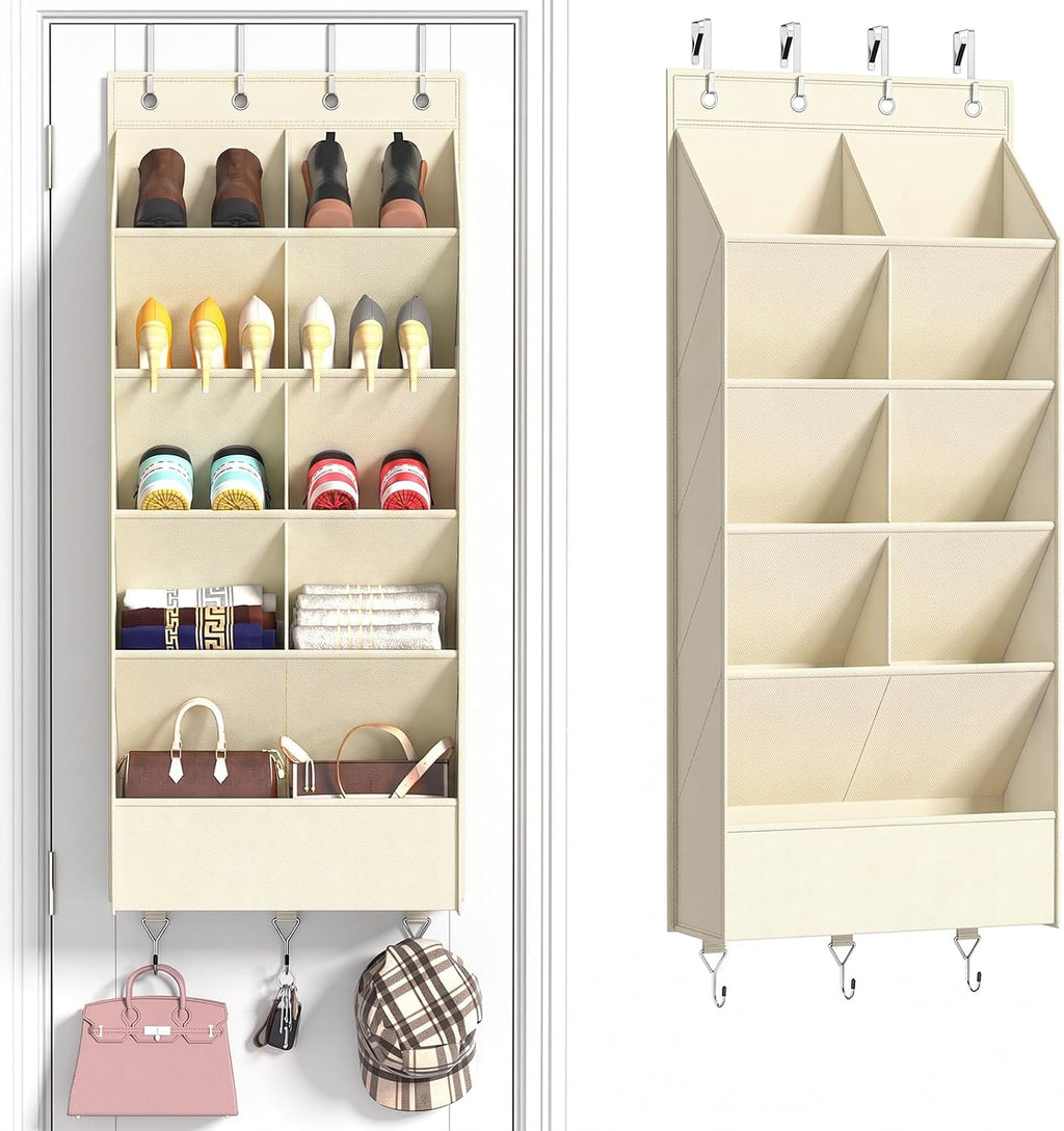 5 Tier Over the Door Shoe Organizer, Beige | 3 Bottom Hooks