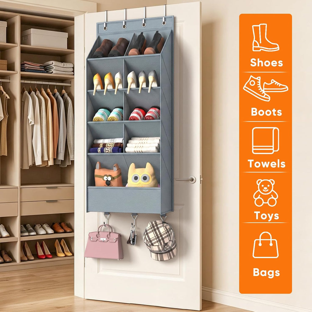 5 Tier Over the Door Shoe Organizer with 3 Bottom Hooks, Grey | Heavy Duty Oxford Fabric Hanging Shoe Rack for Closet Door Hanging Organizer with 9 Pockets Sneaker Boot Slipper Storage