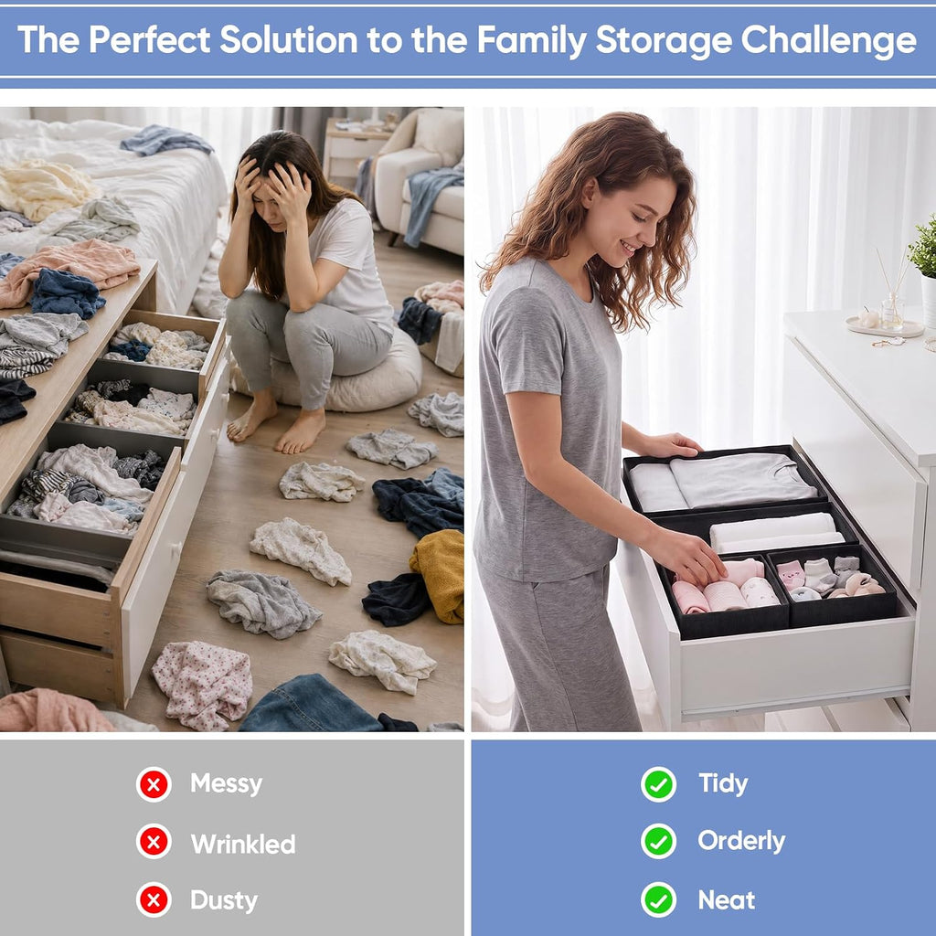 Drawer Organizer Bins Clothes for Underwear,Socks,Ties,20 Pack,Black Foldable Closet Organizers and Storage,Fabric Drawers Dividers,Washable 3 Sizes for Dresser,Bedroom,Desk,Nursery