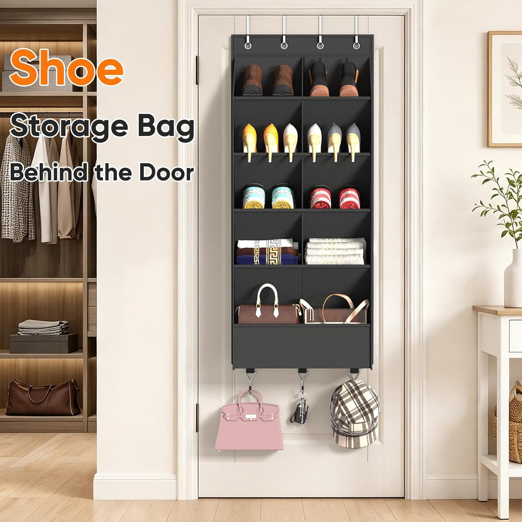 5 Tier Over the Door Shoe Organizer with 3 Bottom Hooks, Black | Heavy Duty Oxford Fabric Hanging Shoe Rack for Closet Door Hanging Organizer with 9 Pockets Sneaker Boot Slipper Storage