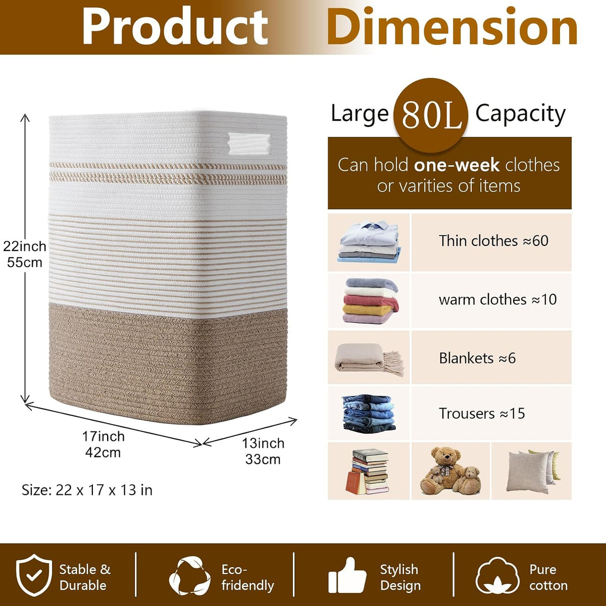 80L Large Cotton Rope Laundry Basket for Bedroom & Laundry Room, Tall Clothes Hamper with Sturdy Handles, Neutral Storage Bin Capable of Holding Blankets and Toys