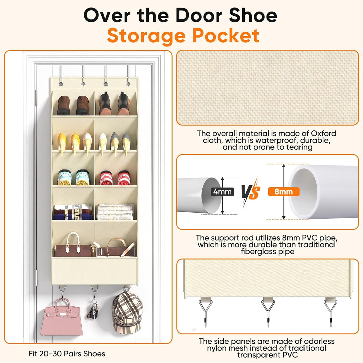 5 Tier Over the Door Shoe Organizer, Beige | 3 Bottom Hooks