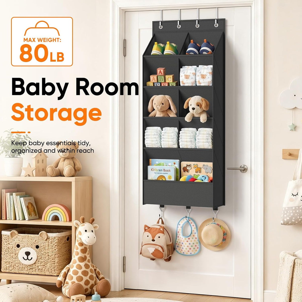 5 Tier Over the Door Shoe Organizer with 3 Bottom Hooks, Black | Heavy Duty Oxford Fabric Hanging Shoe Rack for Closet Door Hanging Organizer with 9 Pockets Sneaker Boot Slipper Storage