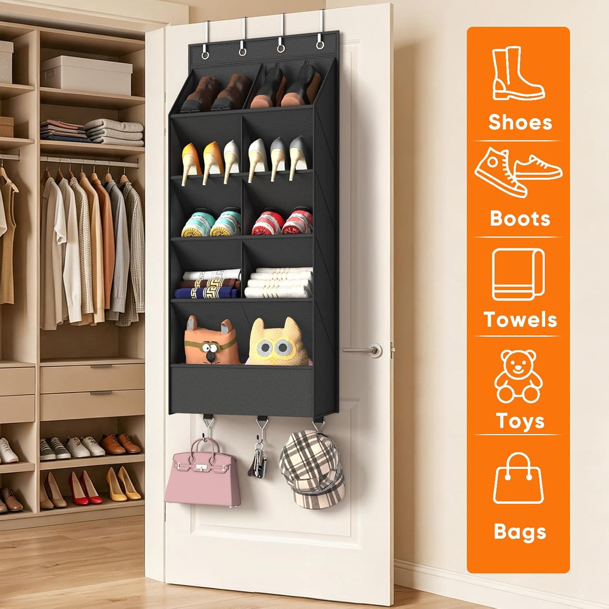 5 Tier Over the Door Shoe Organizer with 3 Bottom Hooks, Black | Heavy Duty Oxford Fabric Hanging Shoe Rack for Closet Door Hanging Organizer with 9 Pockets Sneaker Boot Slipper Storage