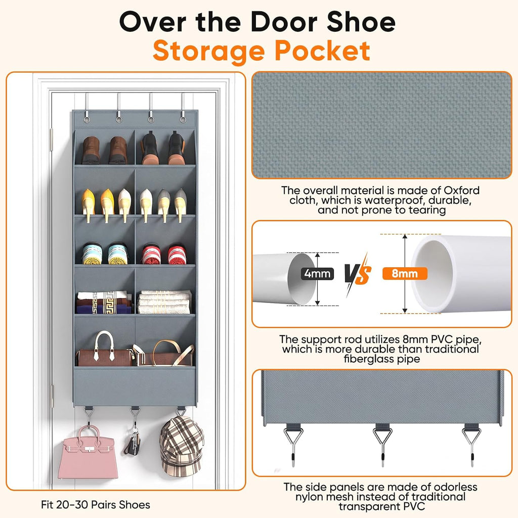5 Tier Over the Door Shoe Organizer with 3 Bottom Hooks, Grey | Heavy Duty Oxford Fabric Hanging Shoe Rack for Closet Door Hanging Organizer with 9 Pockets Sneaker Boot Slipper Storage
