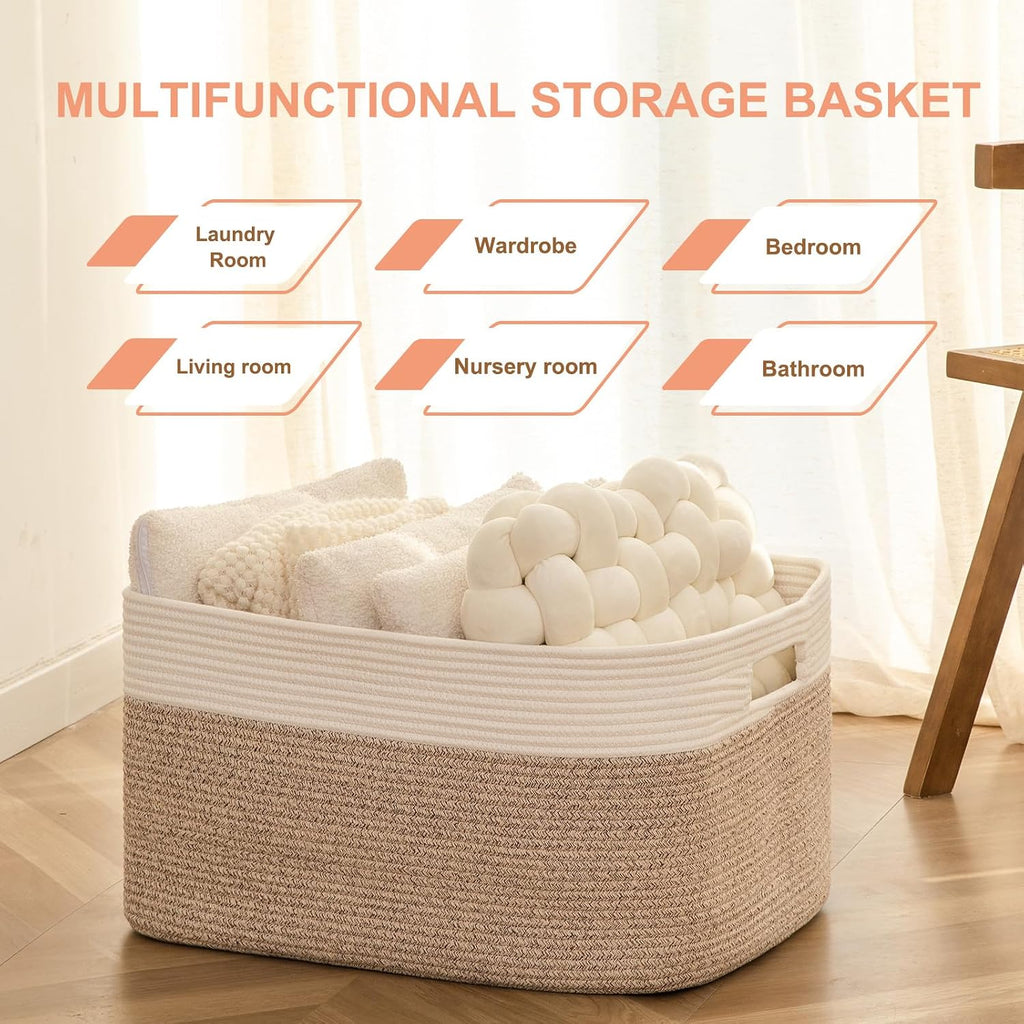 75L Large Cotton Rope Basket, Soft Toy Storage Bin for Nursery & Living Room, Decorative Blanket Basket for Bedroom, Baby-Safe Organizer for Pillows &Laundry, 22''×17''×12'', Brown and White