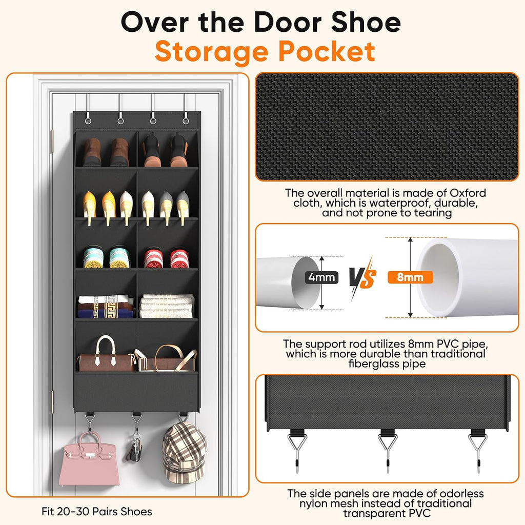 5 Tier Over the Door Shoe Organizer with 3 Bottom Hooks, Black | Heavy Duty Oxford Fabric Hanging Shoe Rack for Closet Door Hanging Organizer with 9 Pockets Sneaker Boot Slipper Storage