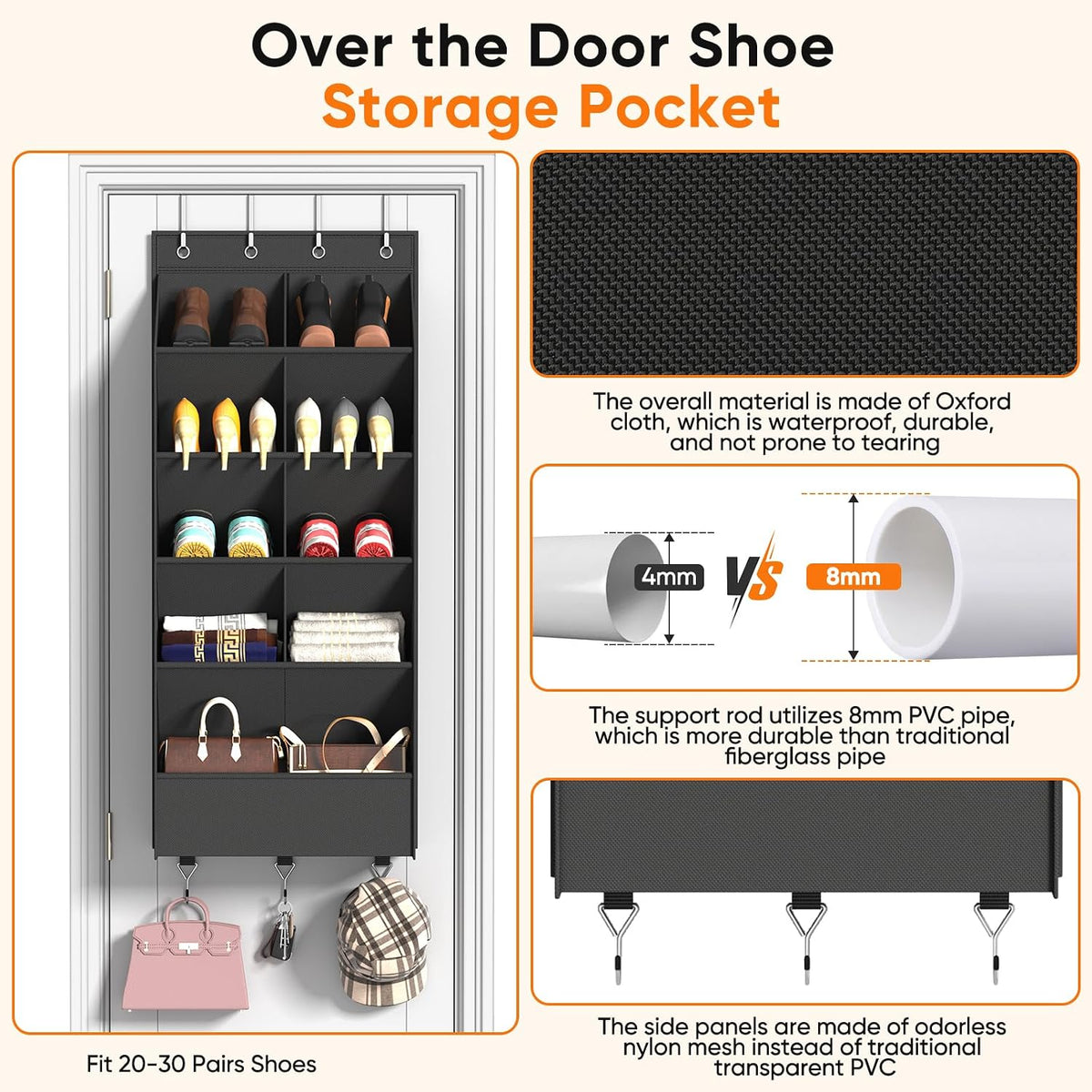 5 Tier Over the Door Shoe Organizer with 3 Bottom Hooks, Black | Heavy Duty Oxford Fabric Hanging Shoe Rack for Closet Door Hanging Organizer with 9 Pockets Sneaker Boot Slipper Storage