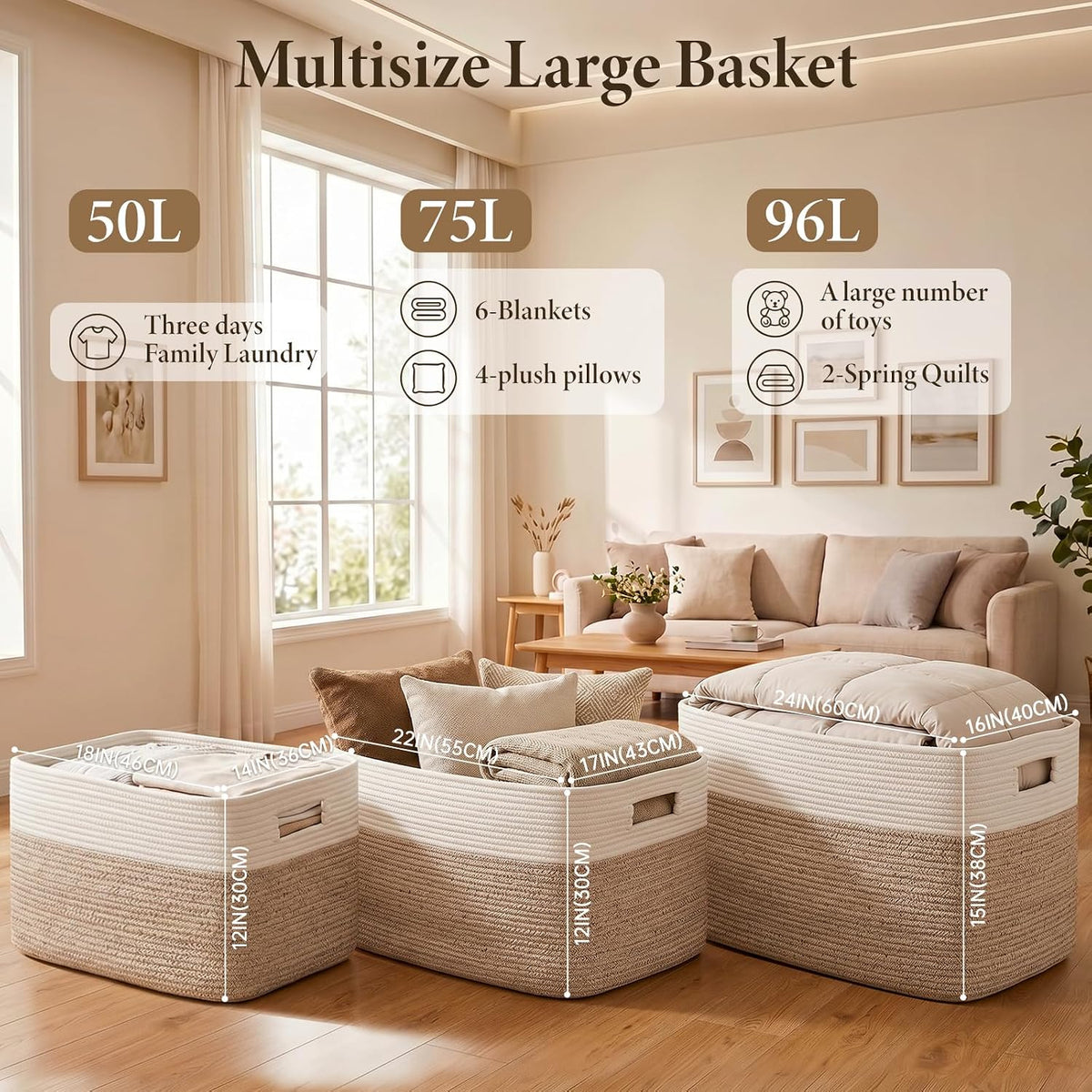 75L Large Cotton Rope Basket, Soft Toy Storage Bin for Nursery & Living Room, Decorative Blanket Basket for Bedroom, Baby-Safe Organizer for Pillows &Laundry, 22''×17''×12'', Brown and White